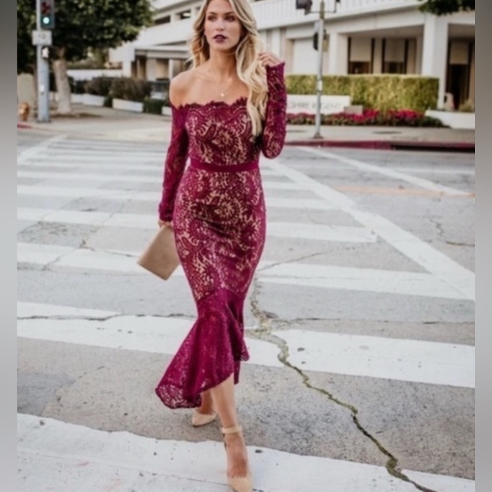 Vici Wine Lace Off-Shoulder Dress